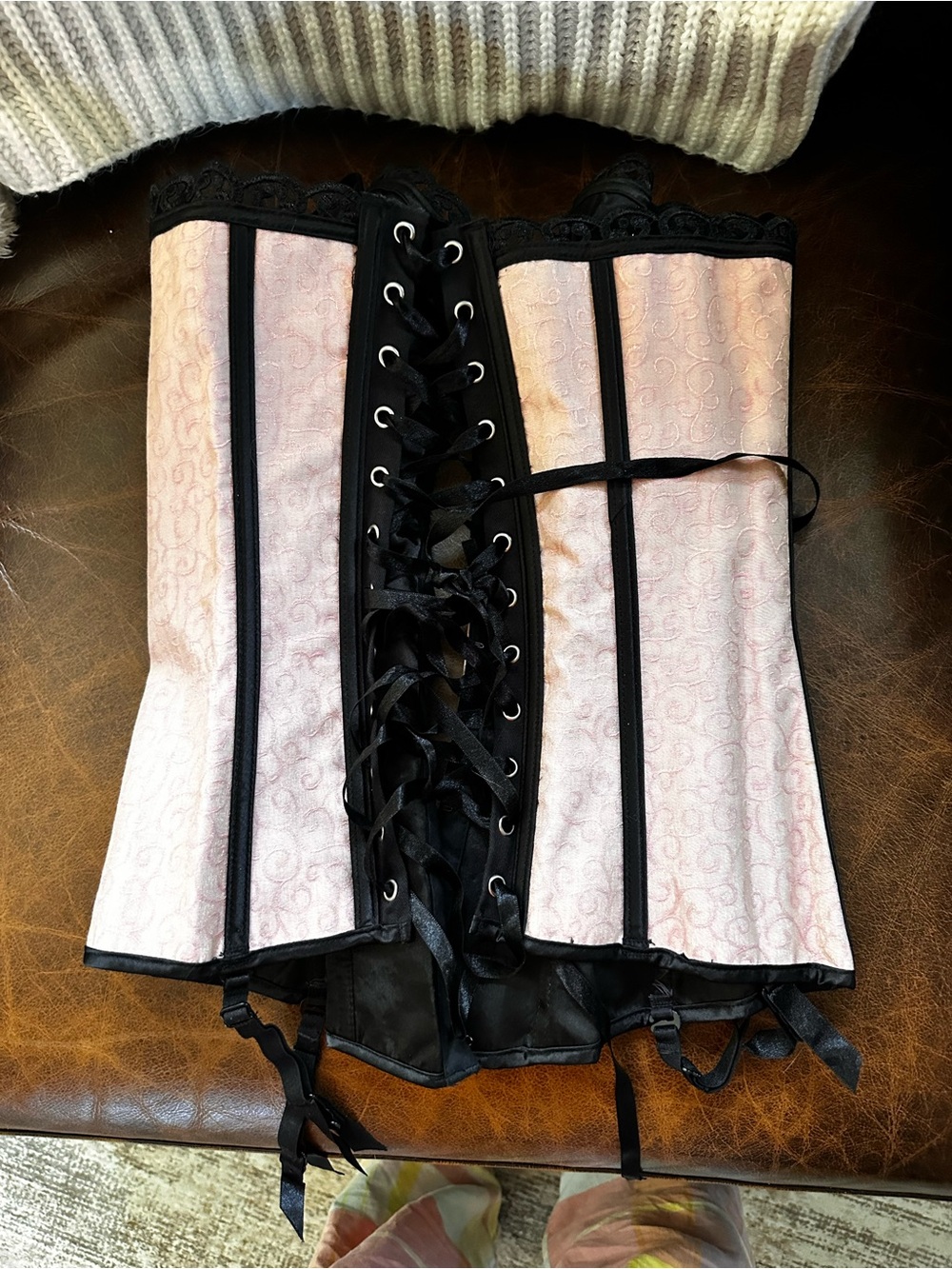 Pink and Black Lace-Up ribbed Corset Waist Cincher